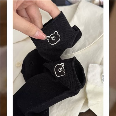Tide, summer thin white cotton knee socks, cute embroidery, with little bears, with embroidery