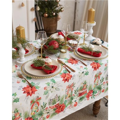 Скатерть новогодняя «Этель» Christmas red flowers 149×180 см с ГМВО, 100% хлопок, саржа 190 г/м²