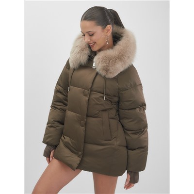 Куртка зимняя женская с мехом и капюшоном тренд горчичного цвета 7658G