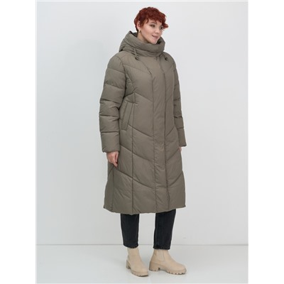 Пальто зимнее утепленное с капюшоном женское светло-коричневого цвета 7628SK