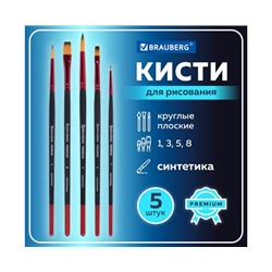 Кисти BRAUBERG PREMIUM, набор 5шт. (синтетика, круглая №1,3,5, плоская №5,8), блистер, 201024