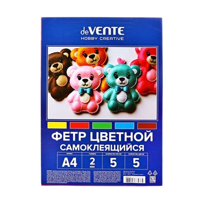 Фетр цветной мягкий самоклеящийся A4 deVENTE. "Яркие цвета" 5 цветов, 5 листов, толщина 2 мм