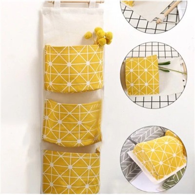 Подвесная сумка для хранения из хлопка и льна с принтом, 3 кармана yellow