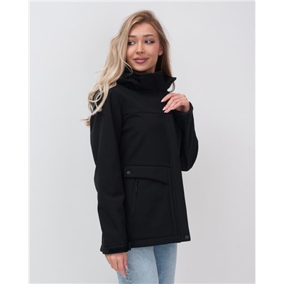 Ветровка спортивная женская с капюшоном softshell черного цвета 9566Ch