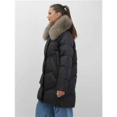 Пальто зимнее утепленное с мехом и капюшоном тренд черного цвета 7745Ch
