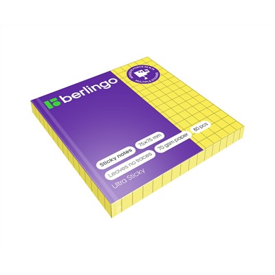 Самоклеящийся блок Berlingo "Ultra Sticky", 75*75мм, 80л., в клетку, желтый неон