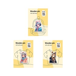 Набор деревянных значков MESHU "Girls with ears", каширование, 3шт.
