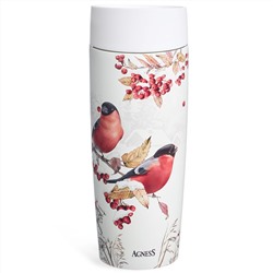 ТЕРМОКРУЖКА AGNESS  "СНЕГИРИ" 360МЛ, КОЛБА НЕРЖ.СТАЛЬ 18/10