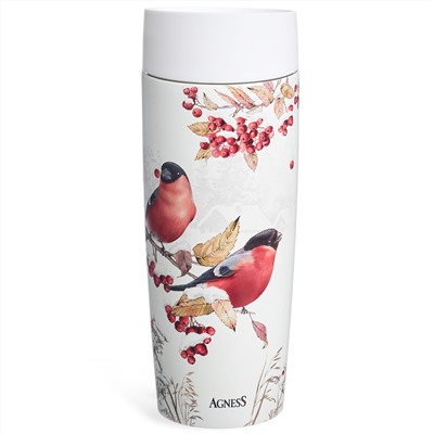 ТЕРМОКРУЖКА AGNESS  "СНЕГИРИ" 360МЛ, КОЛБА НЕРЖ.СТАЛЬ 18/10