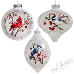 Шар/Капля "Птицы на снегу" прозрачно-белые асс. из 3-х (стекло) 10/10х14,5 см