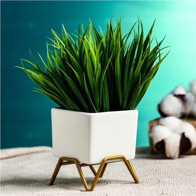 Горшок для цветов «Куб», 100 мл, 5.4×5.1×3.7 см, керамический, на золотистой металлической подставке, белый