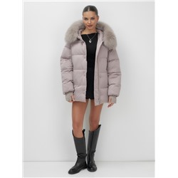 Куртка зимняя женская с мехом и капюшоном тренд светло-коричневого цвета 7658SK