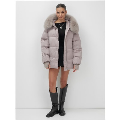 Куртка зимняя женская с мехом и капюшоном тренд светло-коричневого цвета 7658SK