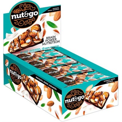 Батончик Nut&Go с миндалём, кокосом, карамелью, 36 г (упаковка 18 шт)/КДВ