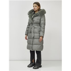 Пальто утепленное с капюшоном и мехом зимнее женское цвета хаки 133203Kh