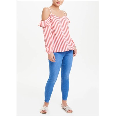 Papaya Petite Stripe Ruffle Cold Shoulder Blouse