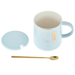 Кружка фарфоровая "Happy" 420мл, д9,2см h9,6см, глянцевая глазурь, отводка золотом, декор с золотом, цвет - голубой, фарфоровая крышка, ложка металл., окрашенный "золото" 14,3см, д/горла 8,3см, д/основания 7,7см, в подарочноый коробке (Китай)