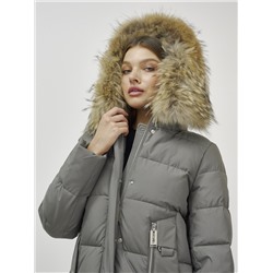 Куртка женская зимняя с мехом енот премиум класса цвета хаки 381Kh