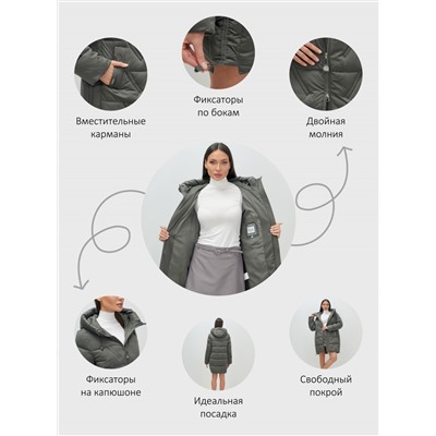 Куртка зимняя женская классическая с капюшоном темно-серого цвета 7671TC