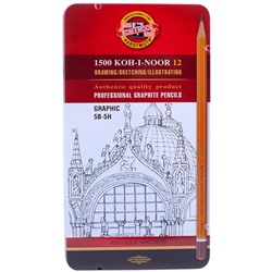Набор карандашей ч/г Koh-I-Noor "1500 Graphic" 12шт., 5B-5H, заточен., метал. пенал