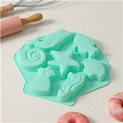 Форма для выпечки Доляна «Морские обитатели», силикон, 26×24×2,5 см, 7 ячеек, бирюзовая
