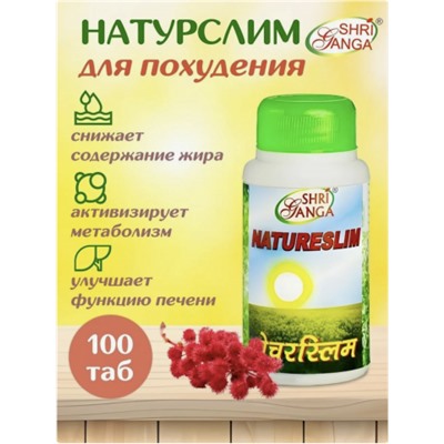 Натурслим  Natureslim, Shri Ganga,100т, Каждая таблетка содержит; мг, Arogya Bardhani, A combination of 20 herbs, 100, Medhohar Guggal, A combination of 10 herbs, Baya Beding, Embelia Ribes, Haritki, Terminalia chebula, Vijayasar