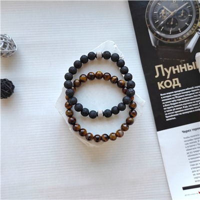 Сет из 2х браслетов: тигровый глаз 8мм + вулканит 8мм