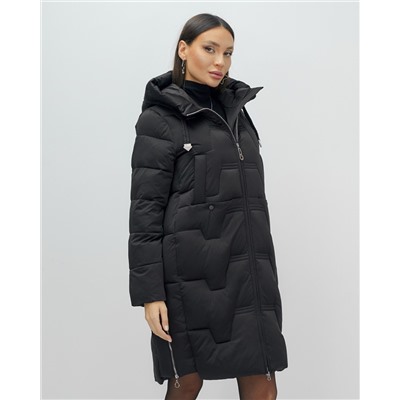 Пальто зимнее утепленное с капюшоном женское черного цвета 7638Ch