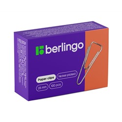 Скрепки 25мм, Berlingo, 100шт., никелированные треугольные, с отогнутым носиком, карт. упаковка