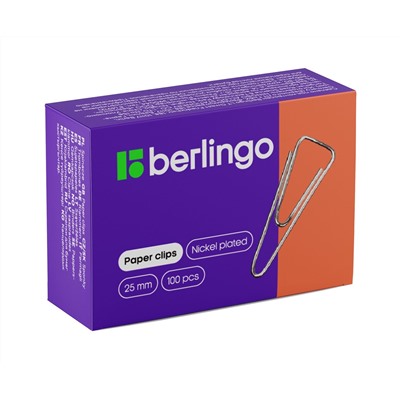 Скрепки 25мм, Berlingo, 100шт., никелированные треугольные, с отогнутым носиком, карт. упаковка
