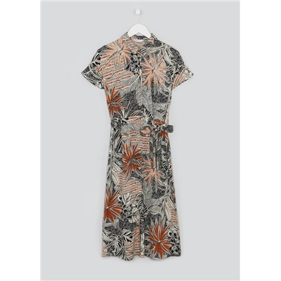 Short Sleeve Palm Print Midi Shirt Dress