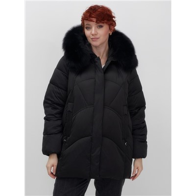Куртка зимняя женская с мехом и капюшоном тренд черного цвета 7656Ch