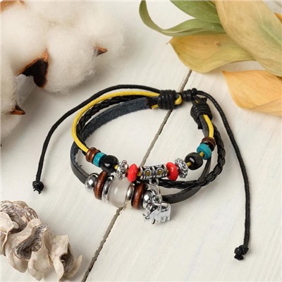 Браслет кожа «Хиппи» индийский слон, цветной, d=6 см