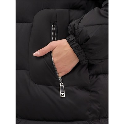 Пальто зимнее утепленное с мехом и капюшоном тренд черного цвета 7629Ch