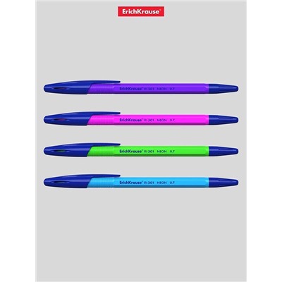 Ручка шариковая ErichKrause R-301 Neon Stick, узел 0.7 мм, чернила синие, длина письма 2000 метров, МИКС