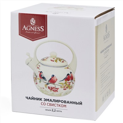 ЧАЙНИК AGNESS ЭМАЛИРОВАННЫЙ СО СВИСТКОМ СЕРИЯ "СНЕГИРИ", 2,2Л, ИНДУКЦИОННОЕ ДНО