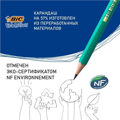 Карандаш чернографитный BIC. Evolution, НВ, шестигранный, пластиковый, зелёный корпус