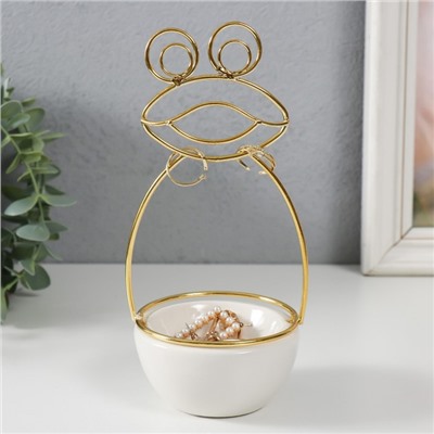 Подставка для мелочей «Лягушонок», керамика, металл, белая с золотом, 9×8×18 см