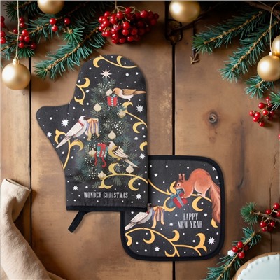 Набор кухонный Этель Wonder christmas, варежка 20×28 см, прихватка 19×19 см,100% хлопок