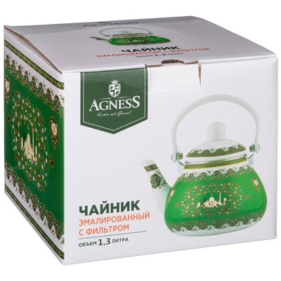 ЧАЙНИК AGNESS ЭМАЛИРОВАННЫЙ СО СЪЕМНЫМ ФИЛЬТРОМ ИЗ НЖС,  СЕРИЯ СУРА, 1,3 Л