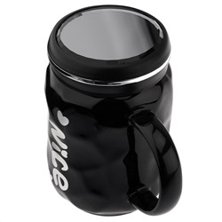 Кружка фарфоровая "Nice" 480мл, д8,5см h12,3см, глянцевая глазурь, деколь с серебром, цвет - черный, пластмассовая, винтовая крышка, герметичная, с силиконовым уплотнителем, д/горла 6,4см, д/основания 6см, в подарочной коробке (Китай)