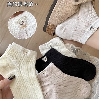 Tide, summer thin cute breathable cotton cartoon socks, with little bears, with embroidery