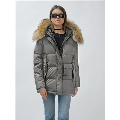 Куртка женская зимняя с мехом енот премиум класса серого цвета 3215Sr