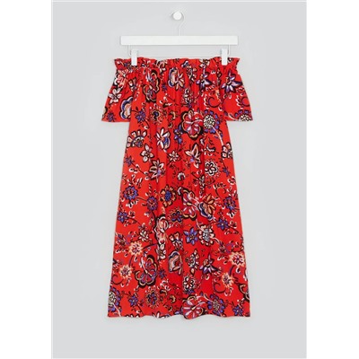 Red Floral Bardot Dress