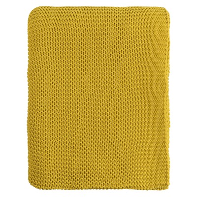 Плед из хлопка жемчужной вязки горчичного цвета из коллекции Essential, 130х180 см