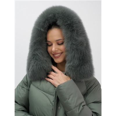 Пальто зимнее утепленное с мехом и капюшоном тренд цвета хаки 7745Kh