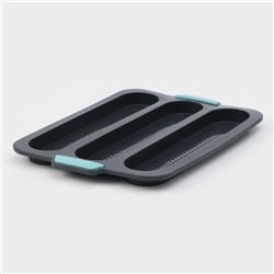 Форма для выпечки «Багет», силикон, 34.5×24×2.2 см, 3 ячейки (28×6×2 см), перфорированная, тёмно-серая