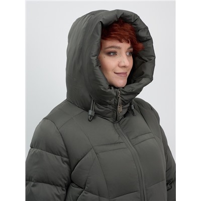 Пальто зимнее утепленное с капюшоном женское зеленого цвета 7702Z