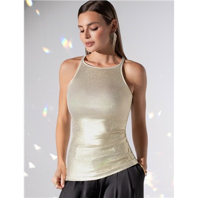 Топ с закрытым декольте из хлопка с эластаном в рубчик с матовым покрытием металлик