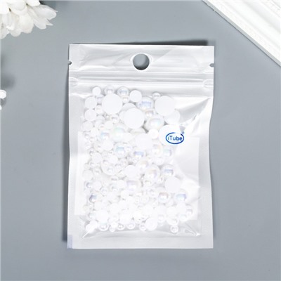 Декор для творчества пластик "Половинки бусин. Белый перламутр" d=3-10 мм, набор 10 гр